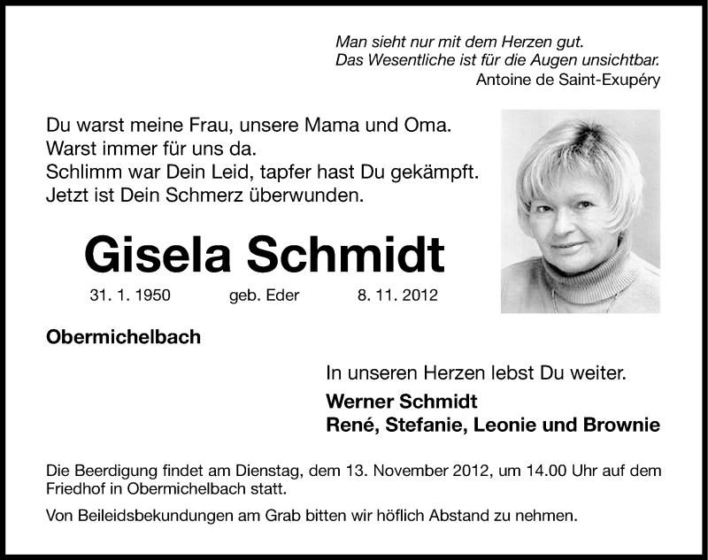 Traueranzeigen von Gisela Schmidt | trauer.nn.de