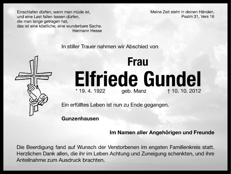  Traueranzeige für Elfriede Gundel vom 10.11.2012 aus Altmühl-Bote Lokal