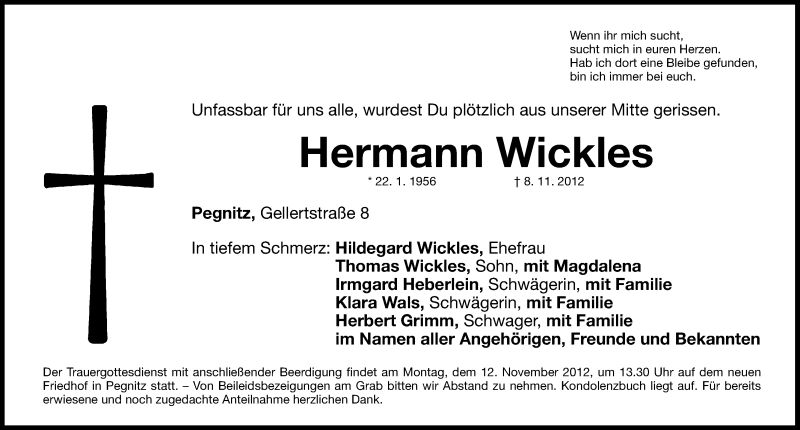  Traueranzeige für Hermann Wickles vom 10.11.2012 aus Nordbayerische Nachrichten Pegnitz Lokal