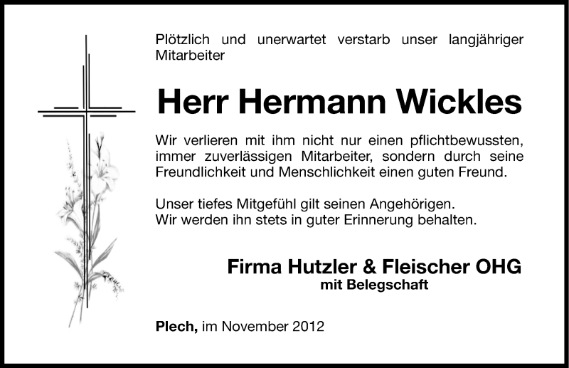  Traueranzeige für Hermann Wickles vom 12.11.2012 aus Nordbayerische Nachrichten Pegnitz Lokal