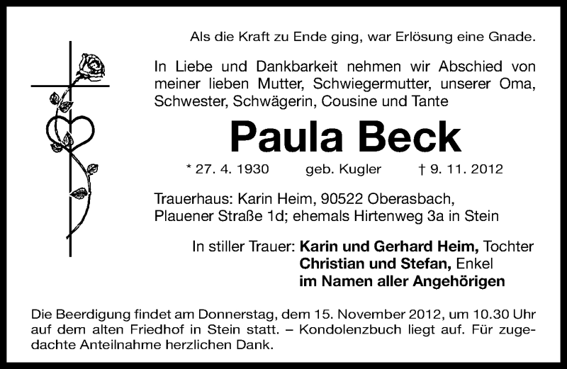 Traueranzeige für Paula Beck vom 13.11.2012 aus Gesamtausgabe Nürnberger Nachrichten/ Nürnberger Ztg.