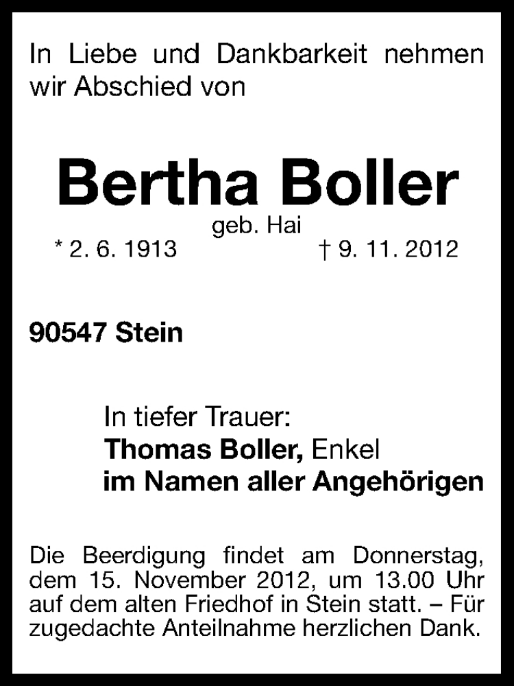  Traueranzeige für Bertha Boller vom 13.11.2012 aus Gesamtausgabe Nürnberger Nachrichten/ Nürnberger Ztg.