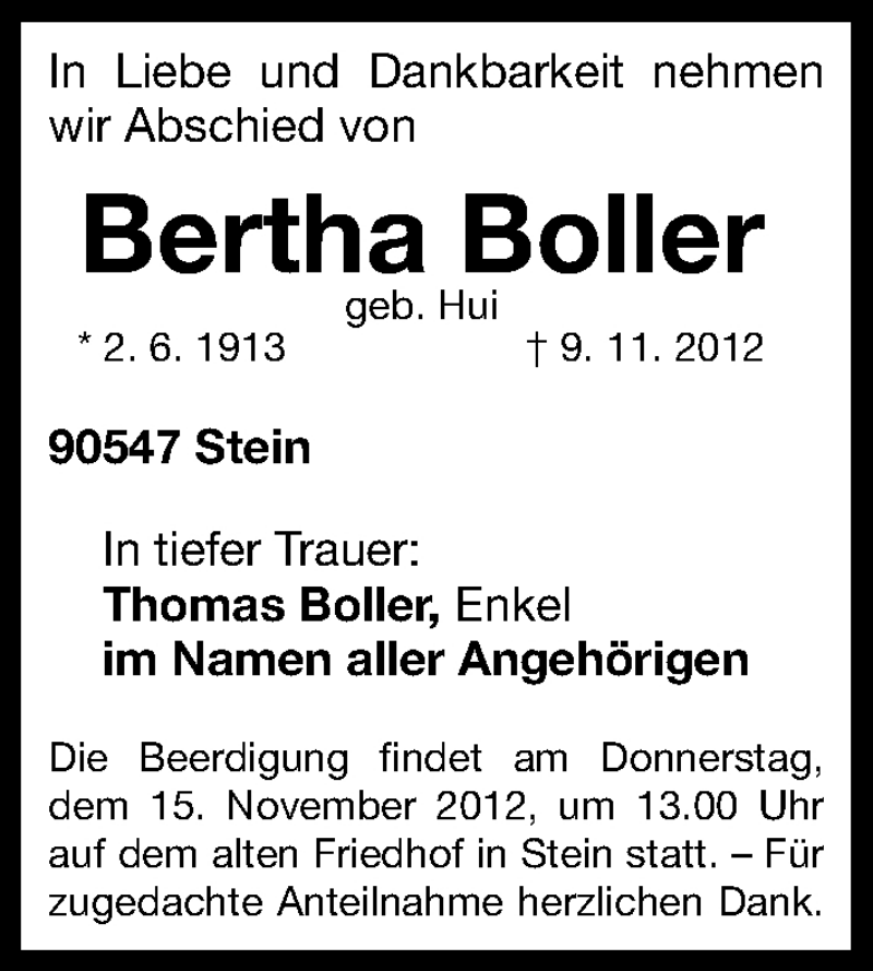  Traueranzeige für Bertha Boller vom 14.11.2012 aus Gesamtausgabe Nürnberger Nachrichten/ Nürnberger Ztg.