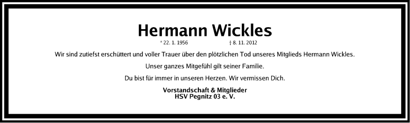  Traueranzeige für Hermann Wickles vom 13.11.2012 aus Nordbayerische Nachrichten Pegnitz Lokal