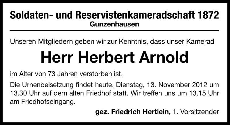  Traueranzeige für Herbert Arnold vom 13.11.2012 aus Altmühl-Bote Lokal