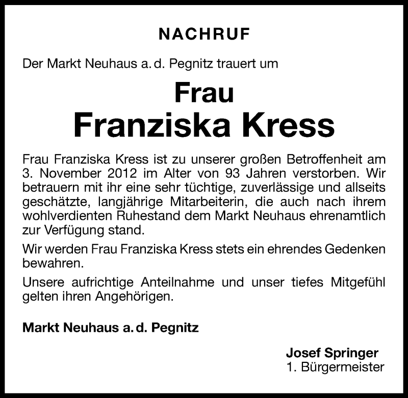  Traueranzeige für Franziska Kress vom 13.11.2012 aus Nordbayerische Nachrichten Pegnitz Lokal