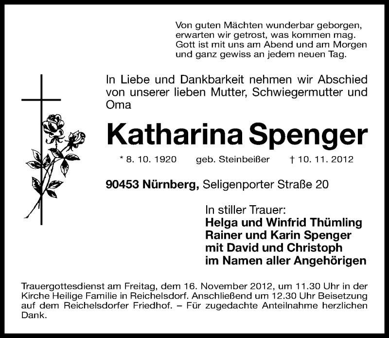  Traueranzeige für Katharina Spenger vom 14.11.2012 aus Gesamtausgabe Nürnberger Nachrichten/ Nürnberger Ztg.