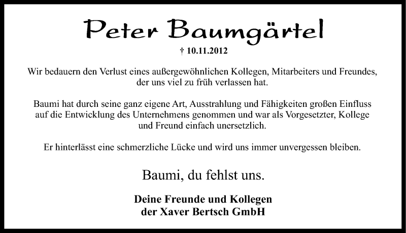  Traueranzeige für Peter Baumgärtel vom 14.11.2012 aus Gesamtausgabe Nürnberger Nachrichten/ Nürnberger Ztg.