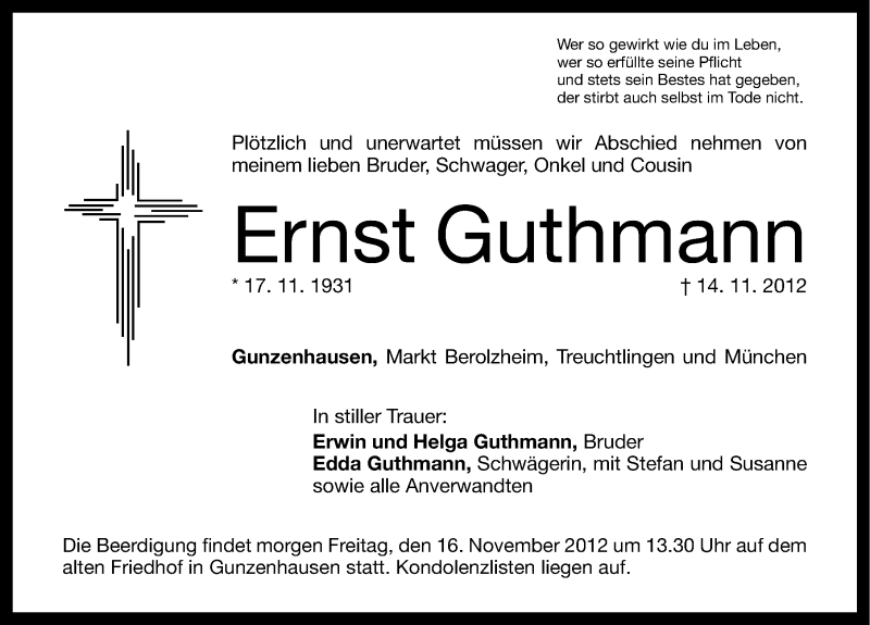  Traueranzeige für Ernst Guthmann vom 15.11.2012 aus Altmühl-Bote Lokal