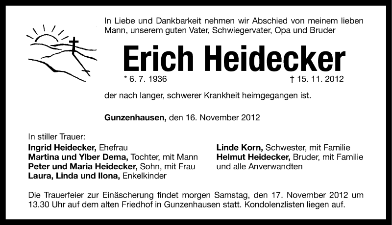  Traueranzeige für Erich Heidecker vom 16.11.2012 aus Altmühl-Bote Lokal