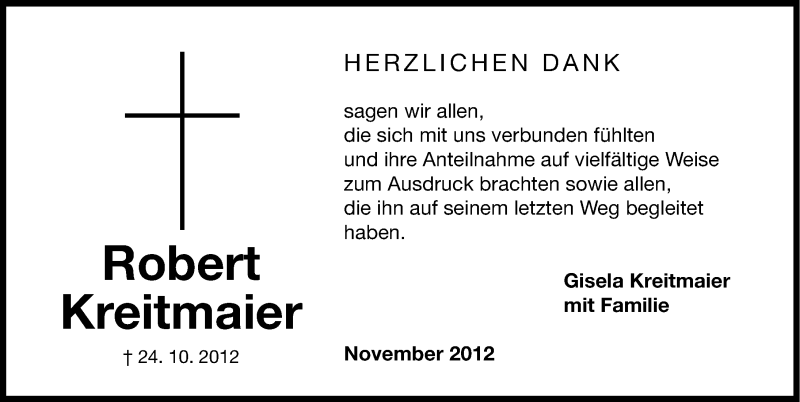  Traueranzeige für Robert Kreitmaier vom 17.11.2012 aus Gesamtausgabe Nürnberger Nachrichten/ Nürnberger Ztg.