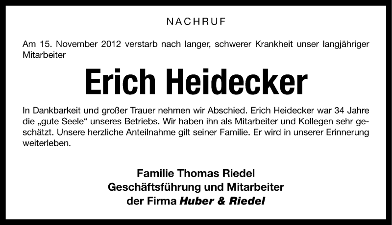  Traueranzeige für Erich Heidecker vom 17.11.2012 aus Altmühl-Bote Lokal