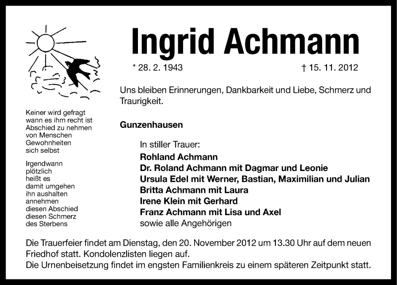  Traueranzeige für Ingrid Achmann vom 17.11.2012 aus Altmühl-Bote Lokal