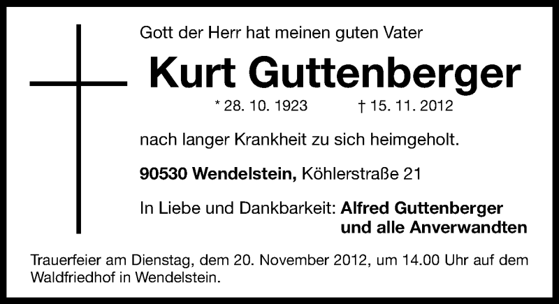  Traueranzeige für Kurt Guttenberger vom 19.11.2012 aus Gesamtausgabe Nürnberger Nachrichten/ Nürnberger Ztg.