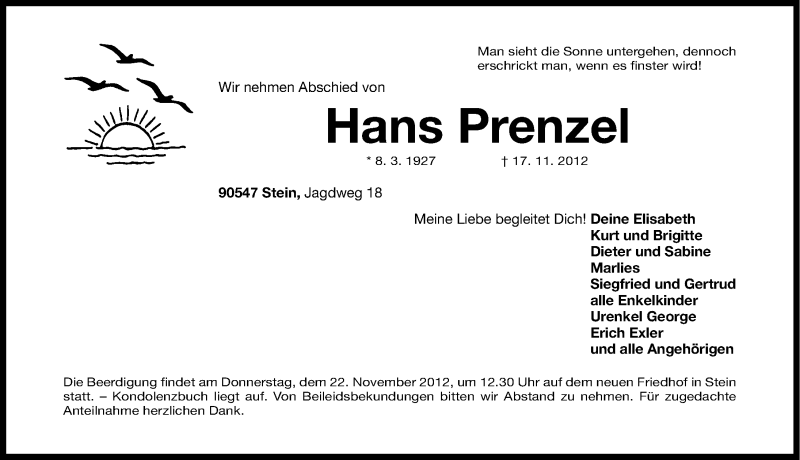  Traueranzeige für Hans Prenzel vom 20.11.2012 aus Gesamtausgabe Nürnberger Nachrichten/ Nürnberger Ztg.