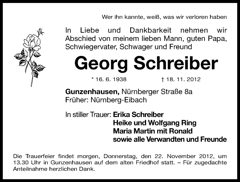  Traueranzeige für Georg Schreiber vom 21.11.2012 aus Gesamtausgabe Nürnberger Nachrichten/ Nürnberger Ztg.