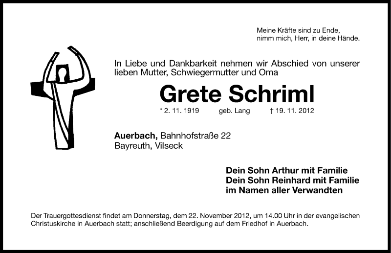  Traueranzeige für Grete Schriml vom 21.11.2012 aus Nordbayerische Nachrichten Pegnitz Lokal