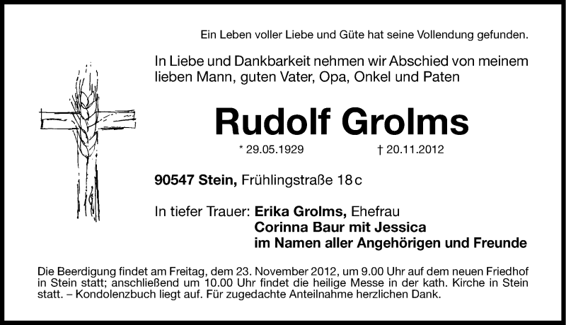  Traueranzeige für Rudolf Grolms vom 21.11.2012 aus Gesamtausgabe Nürnberger Nachrichten/ Nürnberger Ztg.