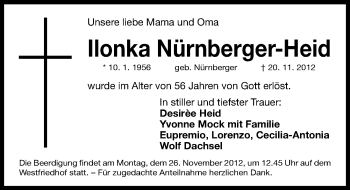 Traueranzeige von Ilonka Nürnberger-Heid von Gesamtausgabe Nürnberger Nachrichten/ Nürnberger Ztg.