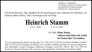 Traueranzeige von Heinrich Stamm von Erlanger Nachrichten Lokal