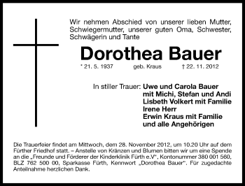 Traueranzeige von Dorothea Bauer von Fürther Nachrichten Lokal