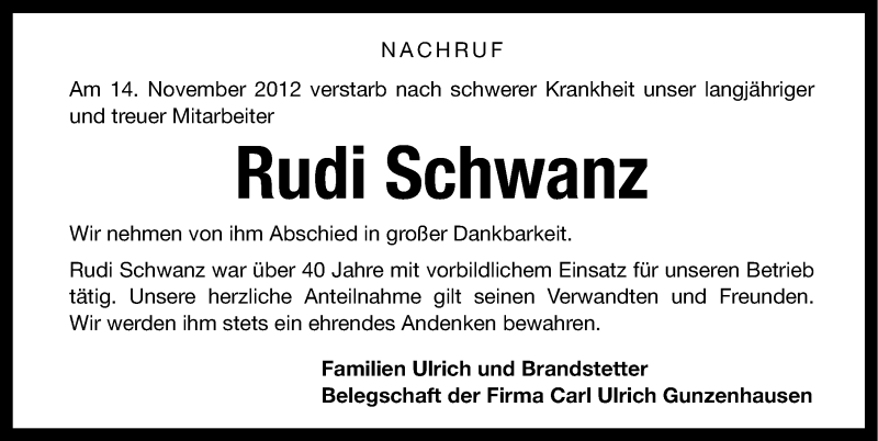  Traueranzeige für Rudi Schwanz vom 24.11.2012 aus Altmühl-Bote Lokal