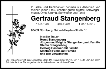 Traueranzeige von Gertraud Stangenberg von Gesamtausgabe Nürnberger Nachrichten/ Nürnberger Ztg.