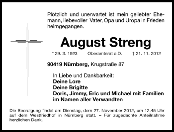 Traueranzeige von August Streng von Gesamtausgabe Nürnberger Nachrichten/ Nürnberger Ztg.