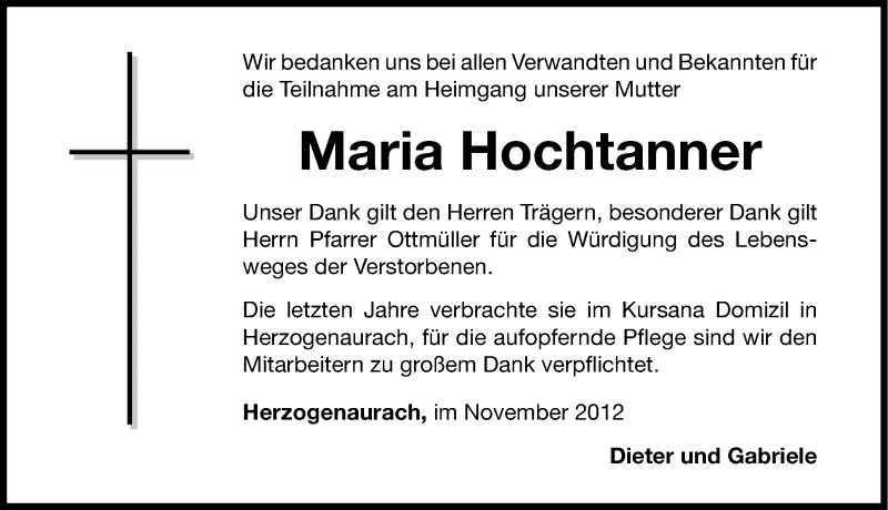  Traueranzeige für Maria Hochtanner vom 24.11.2012 aus Nordbayerische Nachrichten Herzogenaurach Lokal