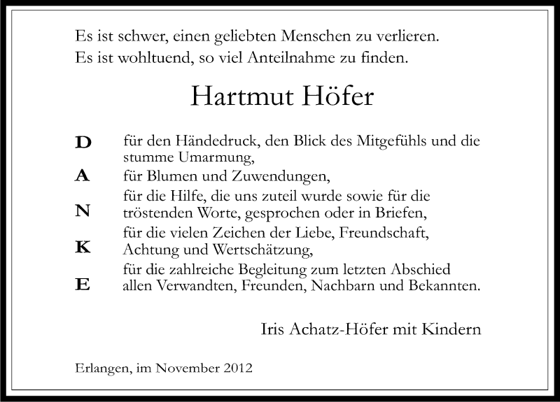  Traueranzeige für Hartmut Höfer vom 24.11.2012 aus Erlanger Nachrichten Lokal