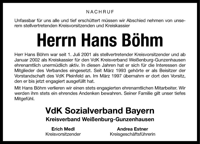  Traueranzeige für Hans Böhm vom 26.11.2012 aus Altmühl-Bote Lokal