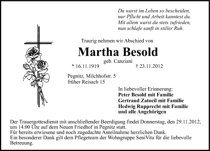  Traueranzeige für Martha Besold vom 27.11.2012 aus Nordbayerische Nachrichten Pegnitz Lokal