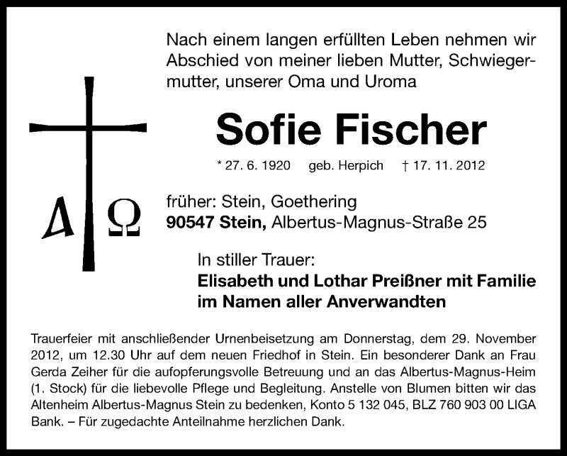  Traueranzeige für Sofie Fischer vom 27.11.2012 aus Gesamtausgabe Nürnberger Nachrichten/ Nürnberger Ztg.