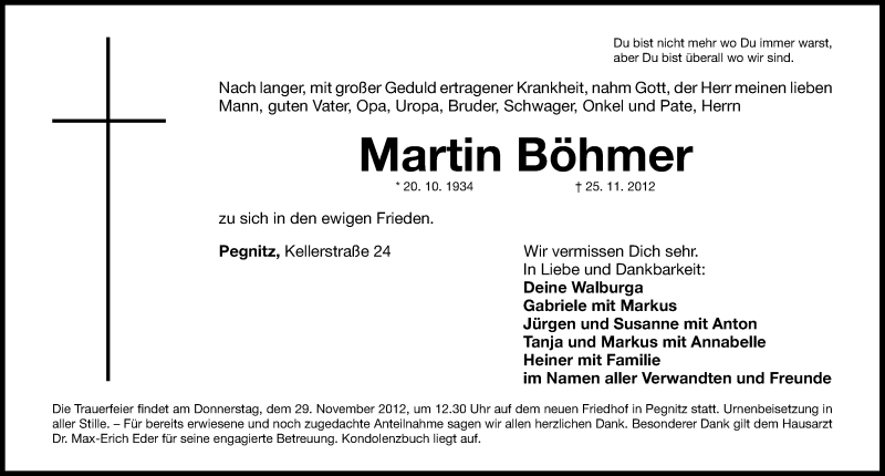  Traueranzeige für Martin Böhmer vom 27.11.2012 aus Nordbayerische Nachrichten Pegnitz Lokal