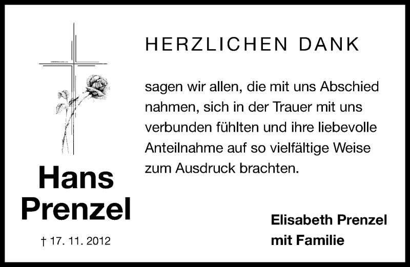 Traueranzeige für Hans Prenzel vom 01.12.2012 aus Gesamtausgabe Nürnberger Nachrichten/ Nürnberger Ztg.