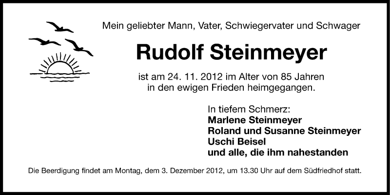  Traueranzeige für Rudolf Steinmeyer vom 28.11.2012 aus Gesamtausgabe Nürnberger Nachrichten/ Nürnberger Ztg.