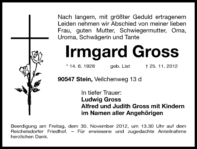  Traueranzeige für Irmgard Gross vom 28.11.2012 aus Gesamtausgabe Nürnberger Nachrichten/ Nürnberger Ztg.