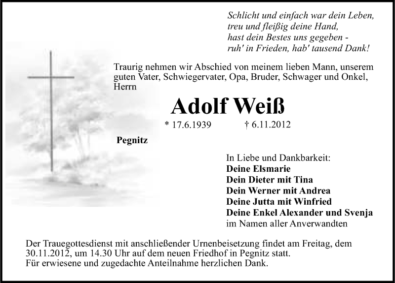  Traueranzeige für Adolf Weiß vom 28.11.2012 aus Nordbayerische Nachrichten Pegnitz Lokal