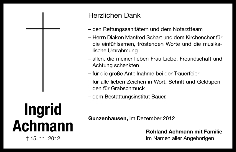  Traueranzeige für Ingrid Achmann vom 01.12.2012 aus Altmühl-Bote Lokal