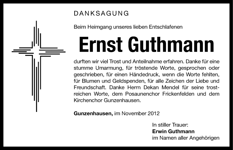  Traueranzeige für Ernst Guthmann vom 29.11.2012 aus Altmühl-Bote Lokal