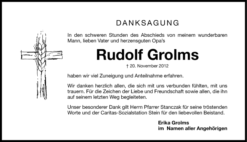  Traueranzeige für Rudolf Grolms vom 01.12.2012 aus Gesamtausgabe Nürnberger Nachrichten/ Nürnberger Ztg.
