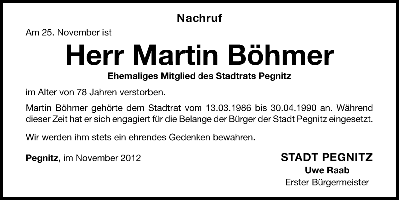  Traueranzeige für Martin Böhmer vom 29.11.2012 aus Nordbayerische Nachrichten Pegnitz Lokal