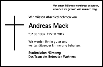 Traueranzeige von Andreas Mack von Gesamtausgabe Nürnberger Nachrichten/ Nürnberger Ztg.