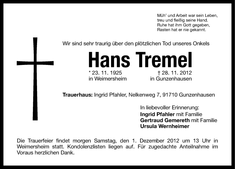 Traueranzeigen von Hans Tremel | trauer.nn.de