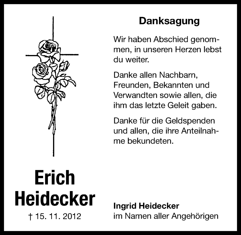  Traueranzeige für Erich Heidecker vom 01.12.2012 aus Altmühl-Bote Lokal