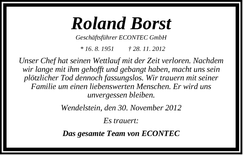  Traueranzeige für Roland Borst vom 03.12.2012 aus Gesamtausgabe Nürnberger Nachrichten/ Nürnberger Ztg.