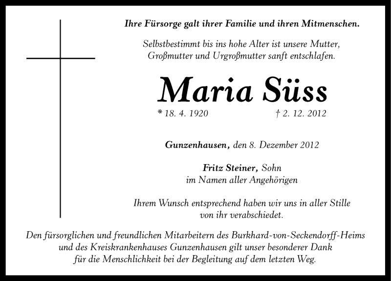  Traueranzeige für Maria Süss vom 08.12.2012 aus Altmühl-Bote Lokal