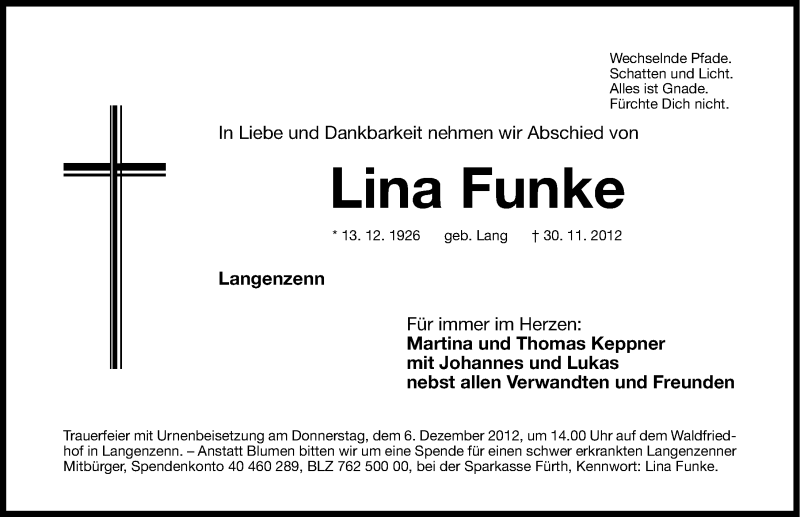  Traueranzeige für Lina Funke vom 04.12.2012 aus Fürther Nachrichten Lokal