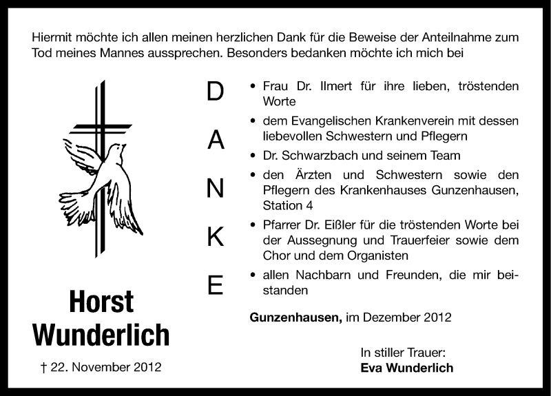  Traueranzeige für Horst Wunderlich vom 05.12.2012 aus Altmühl-Bote Lokal