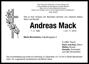 Traueranzeige von Andreas Mack von Altmühl-Bote Lokal